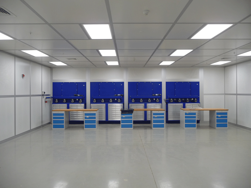 Modular cleanroom work region with cabinets